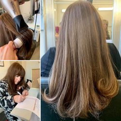 Long light brown hair with curly blow dry