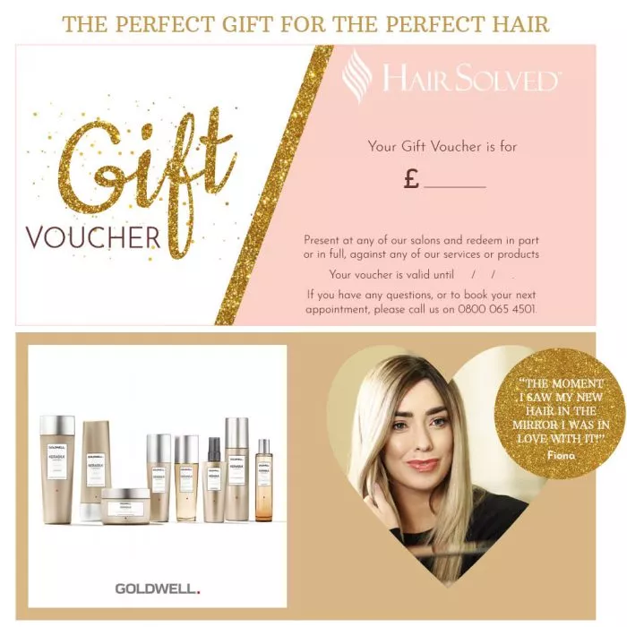 Image of voucher with products available in salon and how hair can look with the enhancer system