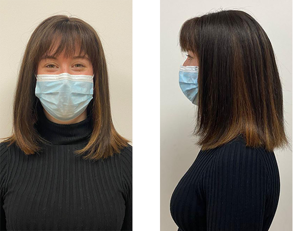 Caroline showing her long bob style from front and side