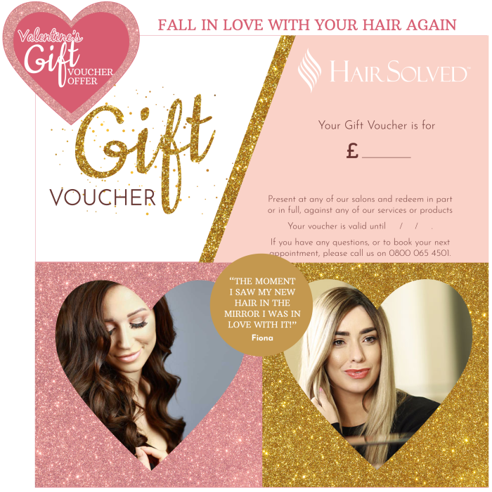 Gift voucher nad images of happy women with their hair extensions and system in hearts